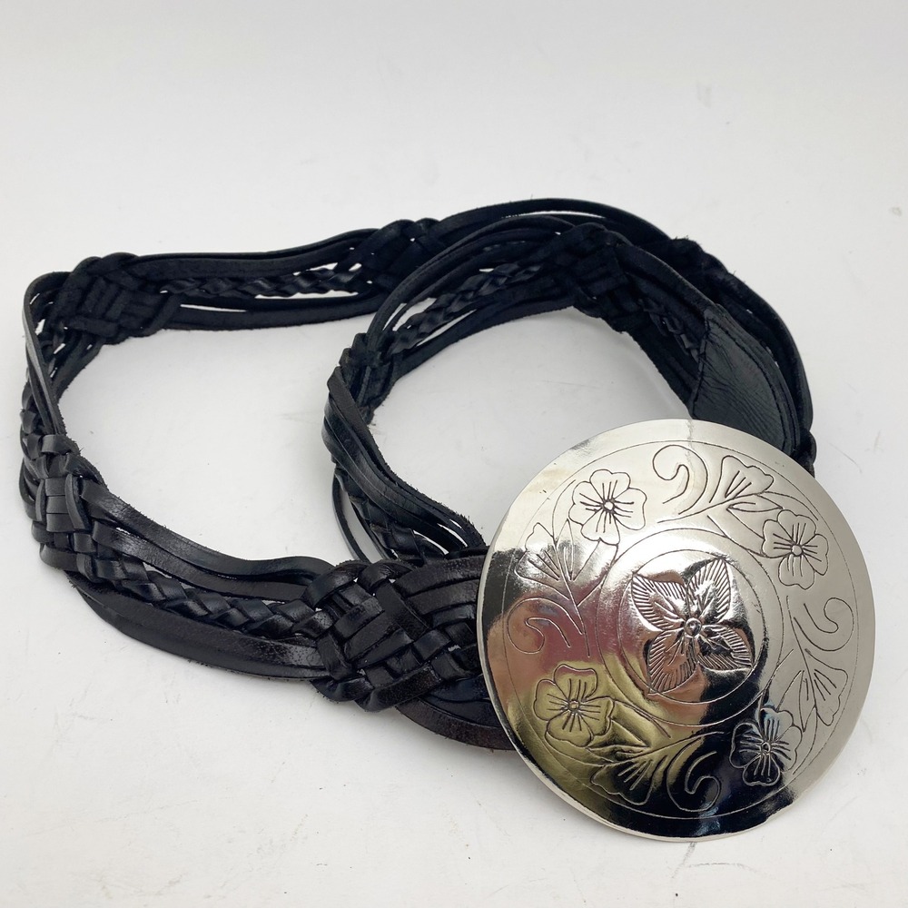 Braided Black Leather Floral Concho Buckle Western Belt Womens M/L